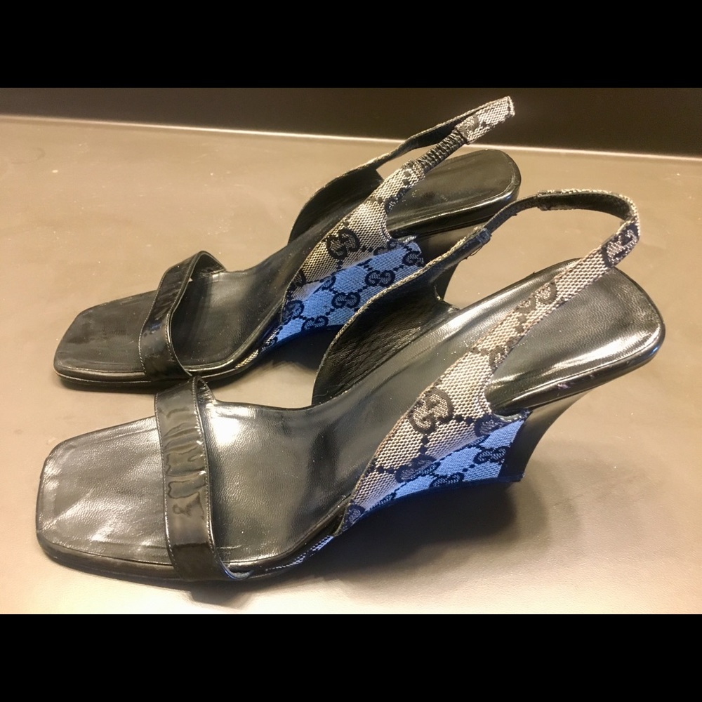 Black and Gray Gucci Monogram Slingback Sandals